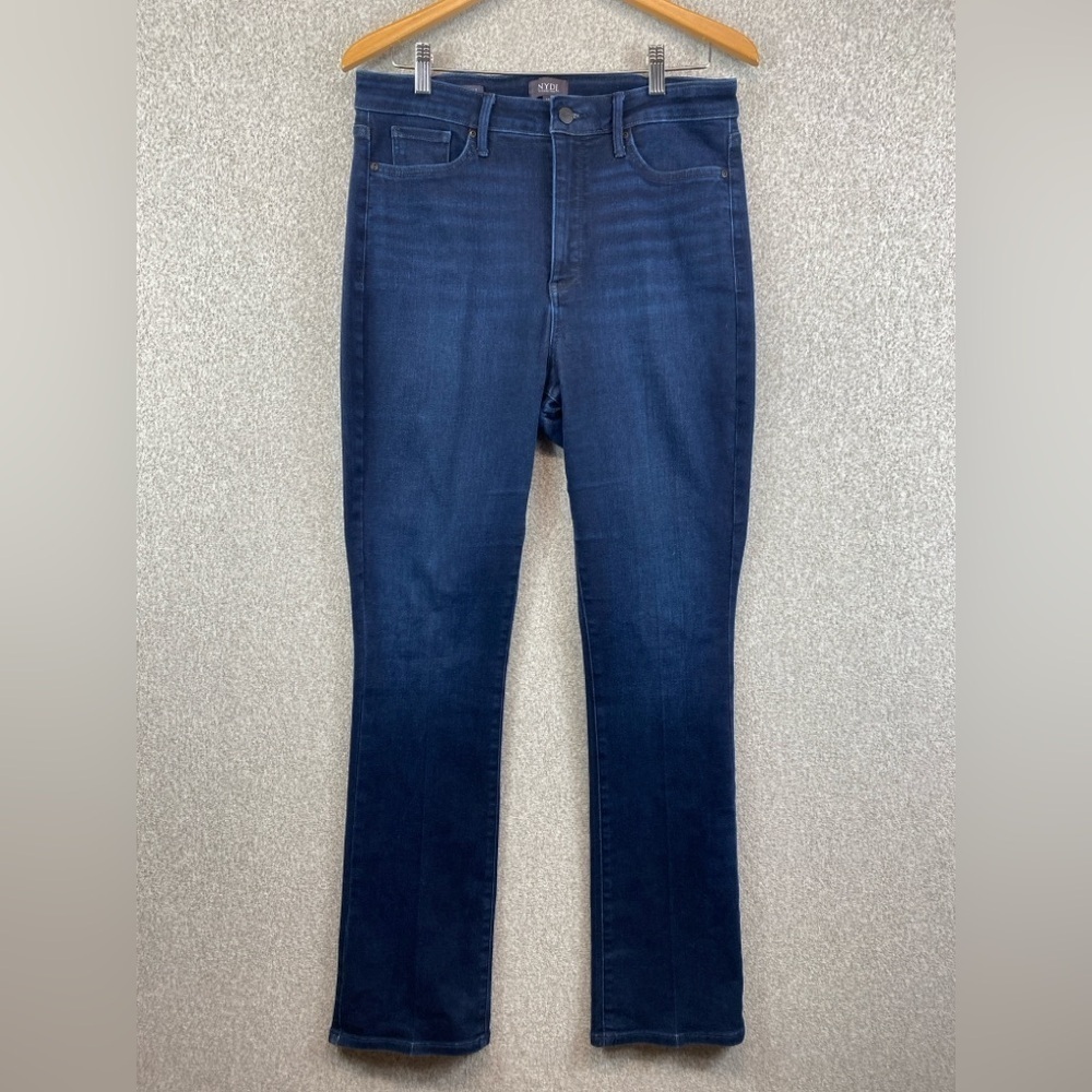 NYDJ dark wash slim bootcut jeans size 12 stretch Lift X Tuck wardrobe basics